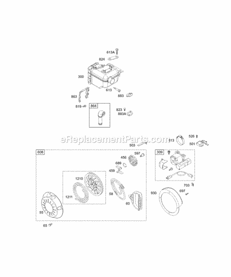 Electric Starter Muffler Groups Diagram and Parts List for 12E494-0110-E1  Briggs and Stratton Engine